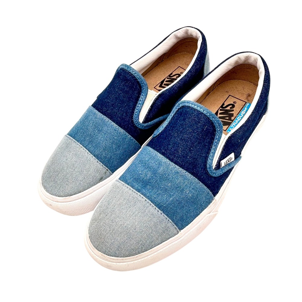 Vans Slip-On Lite Patchwork Denim Blue Sneakers Womens 9.5 UltraCush Low Top